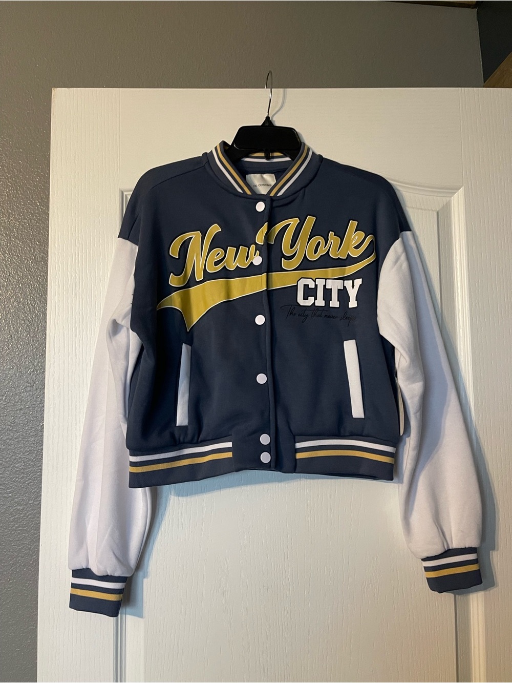 New York City Navy & White Varsity Jacket with Gold Script